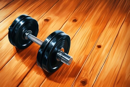 Black dumbbell rests on polished wooden gym floor, reflecting warm light of setting sun, illustration