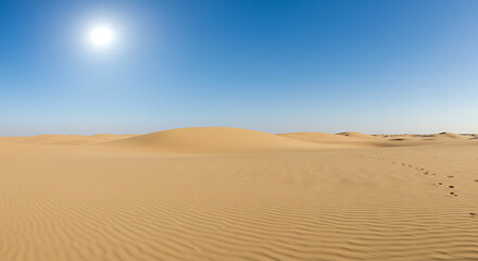A vast and arid desert landscape stretches under a bright blue sky with the sun high above, featuring sand dunes and faint footprints, symbolizing heat and desolation.
