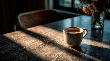 Sunlit coffee cup on a marble table