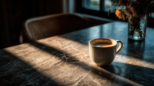 Sunlit coffee cup on a marble table