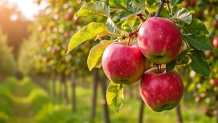 Ripe Red Apples on Tree Branches in an Orchard A Harvest of Fresh, Natural, and Healthy Fruit in Sunlight