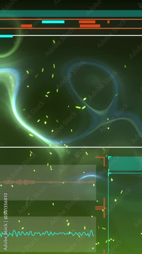 Aufkleber animation of interface with data processing, digital wave against green gradient background