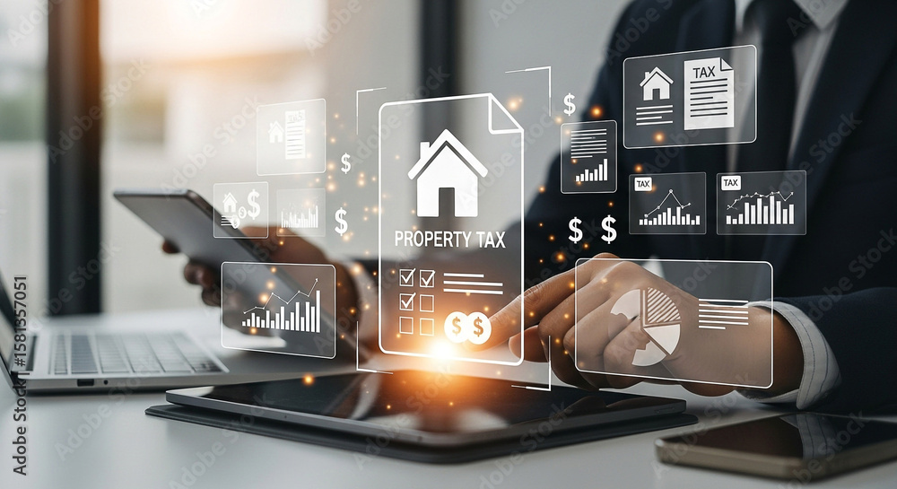 Poster businessman reviewing property tax documents and financial data on multiple devices