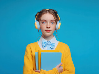 A cheerful young girl, wearing yellow headphones and a blue bow tie, holds colorful books against a vibrant blue background, embodying intelligence and a passion for learning