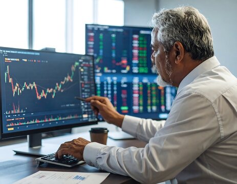 Senior man analyzing financial data on multiple screens