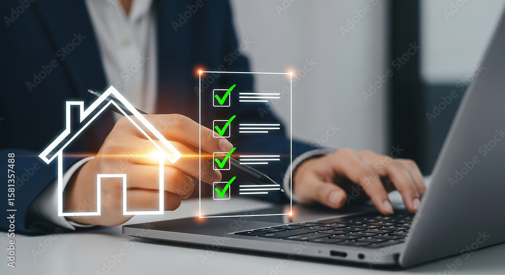 Poster person using a pen to check off items on a digital checklist displayed on a laptop, signifying task 