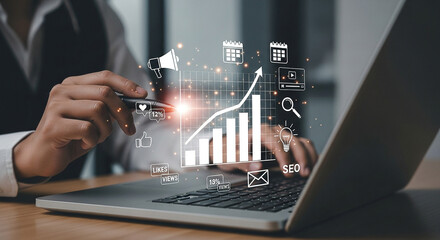 A person uses a laptop to analyze digital marketing and seo strategy with various icons