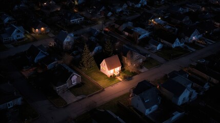 Stunning photo of single brightly lit house glowing in the middle of a pitch-black neighborhood during a power outage, dramatic aerial view at night.