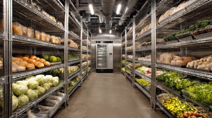 Stunning photo of walk-in industrial refrigerator with rows of neatly arranged produce and bread, clean and organized, stainless steel shelving, large-scale food storage.
