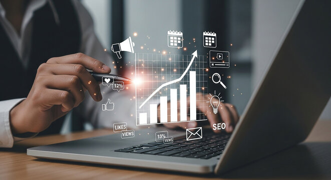 A person uses a laptop to analyze digital marketing and seo strategy with various icons