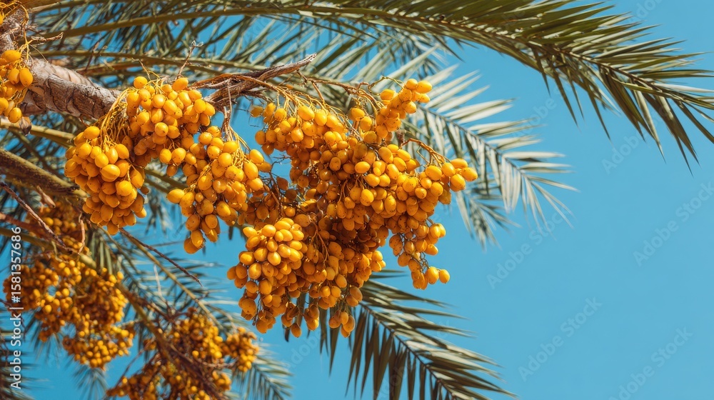 Poster stunning photo of bottom view of a date palm tree with ripe dates against blue sky. fruits of date p