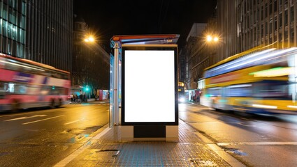 Blank advertising billboard at a busy city bus stop at night with blurred buses