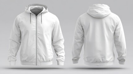 Stunning photo of blank white windbreaker jacket mockup, front and back view.