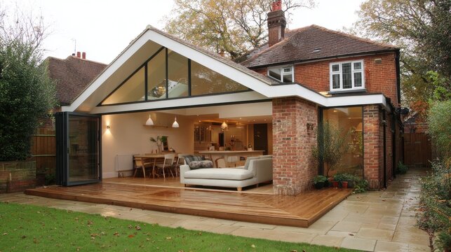 Stunning photo of modern house extension with large glass doors. Open plan living area with sofa, dining table, wooden flooring visible through doors. Exterior of brick house.
