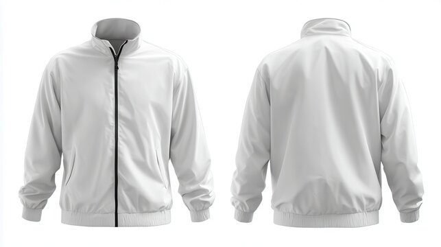 Stunning photo of blank white windbreaker jacket mockup, front and back view.