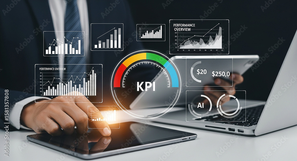 Poster businessman analyzing financial data and performance indicators on digital devices in a modern offic