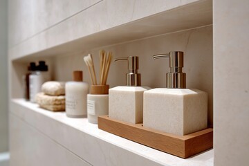 Stylish bathroom accessories including soap dispensers, brushes, and bottles on built-in shelf reflecting minimalism and elegant order