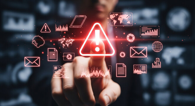 Businessman pointing at a glowing warning sign surrounded by digital icons, representing security risks and data protection concerns