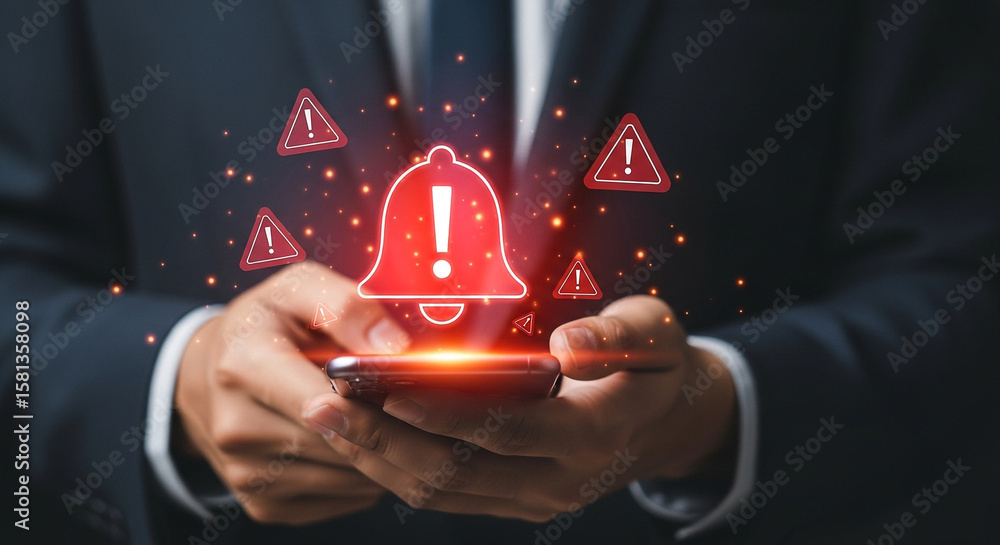 Poster man holding a smartphone displaying a glowing red alert notification with warning symbols, signifyin