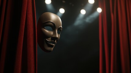 Mysterious theater scene with dramatic mask and red curtains
