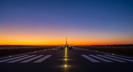 Fototapeta premium Lone Aircraft Taxiing with Illuminated Path at Dusk Under a Clear Twilight Sky
