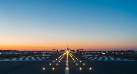 Fototapeta premium Lone Aircraft Taxiing with Illuminated Path at Dusk Under a Clear Twilight Sky