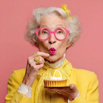 femme retrait&eacute; habill&eacute;e en jaune avec des lunetes roses et une tarte au citron - IA Generated