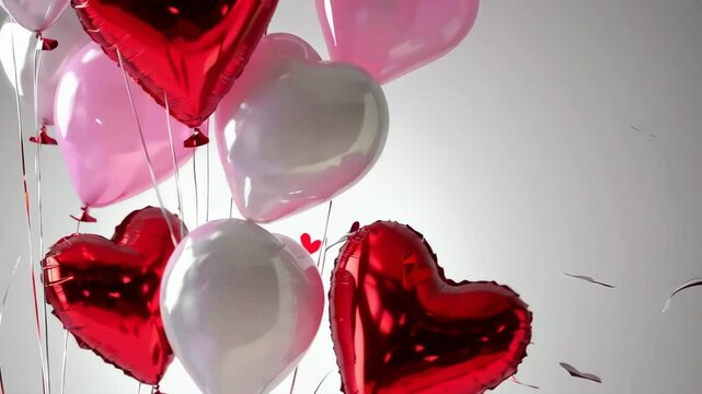 Heartshaped balloons ascend amid falling confetti in festive celebration