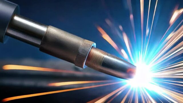 A Close-Up Cinematic View of a Welding Tip in Action; Blazing Sparks and Bright Flashes Burst as Molten Metal Fuses Under Dramatic Lighting in an Intense Industrial Workshop Scene