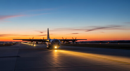 Lone Aircraft Taxiing with Illuminated Path at Dusk Under a Clear Twilight Sky