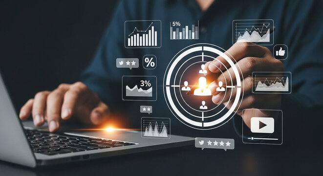 A person analyzes business data and customer profiles on a laptop with digital charts and graphs