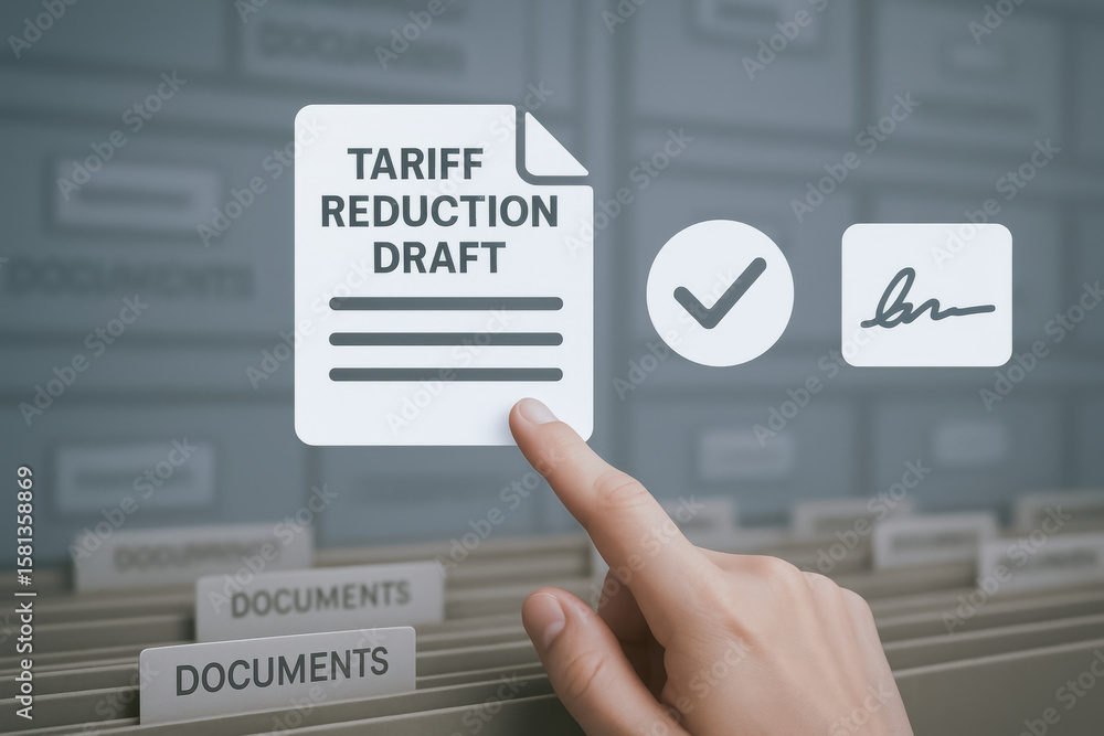 Aufkleber tariffs negotiation draft document reduction concept with hand pointing on digital icon for business