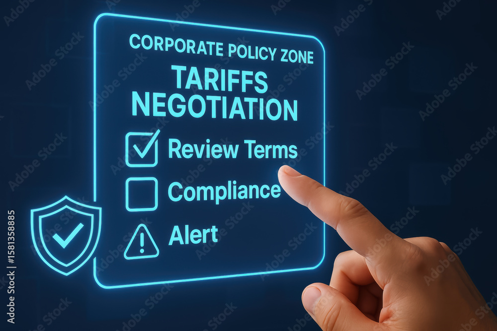 Aufkleber tariffs negotiation involves review terms and compliance alert in corporate policy zone with hand po