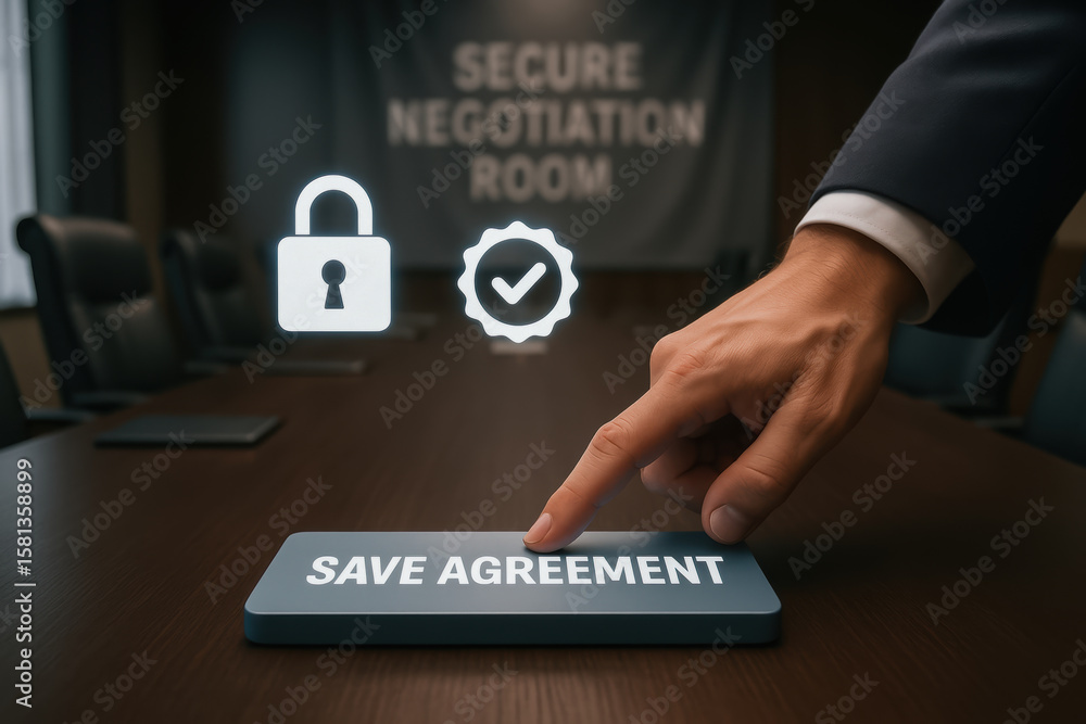 Poster secure negotiation room with hand pressing save agreement button symbolizing tariffs negotiation and