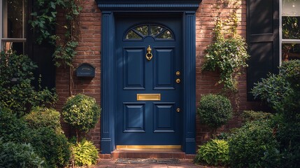 Dark Blue Front Door of Brick House with Lush Greenery
