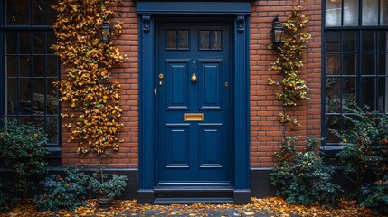 Naklejka premium Dark Blue Front Door on a Red Brick Building with Autumn Leaves