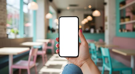 Mobile Device Screen Display in Modern Cafe Setting Perfect for App Promotion and Mockup, a woman shows the blank screen of her phone in an interior