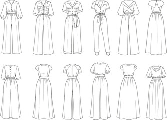 Fashion sketch collection, jumpsuit and dress designs, technical garment illustration, varied styles front and back view, apparel mockup layout, stylish outfit concept © Riyaj Vector Valley