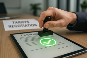 Tariffs negotiation concept with hand stamping contract on digital tablet symbolizing agreement and successful business deal in office environment
