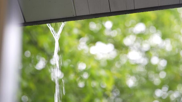 Water pouring from a ceiling edge or gutter. The water cascades down in a steady or heavy stream. 
