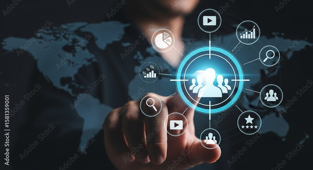 Poster man targeting a global audience with digital marketing and customer connection icons
