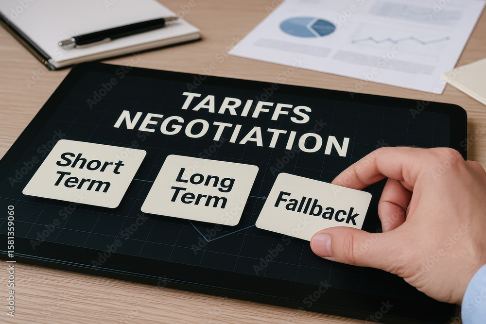 Aufkleber tariffs negotiation concept with short term long term and fallback options on digital tablet for bus