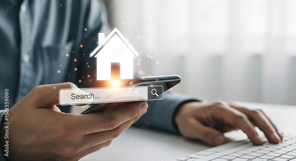 Aufkleber man using a smartphone with a search bar and house icon to find property online