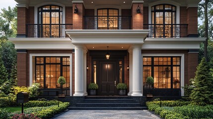 Elegant Brick House Exterior With Columned Porch And Warm Lighting Exterior Design Ideas Exterior View Of House Brick Architecture Entrance Building Front View Residential Property House Exterior