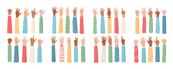 Cartoon hands in a flat style show finger counts from zero to five set. Illustrating people with diverse gestures and sleeves, this isolated set provides educational elements for visual aids.