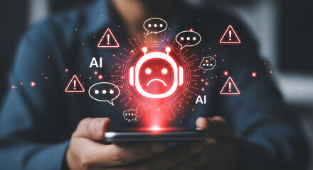 Person holding a smartphone displaying a sad ai robot icon with warning signs and chat bubbles