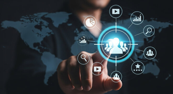 Man targeting a global audience with digital marketing and customer connection icons