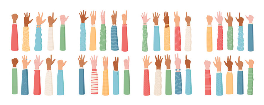 Cartoon hands in a flat style show finger counts from zero to five set. Illustrating people with diverse gestures and sleeves, this isolated set provides educational elements for visual aids.