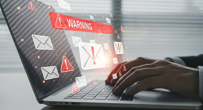 Person typing on a laptop with a digital warning alert popping up for cybersecurity threats