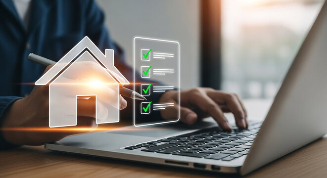 Reviewing property checklist and data on a laptop for real estate investment and planning